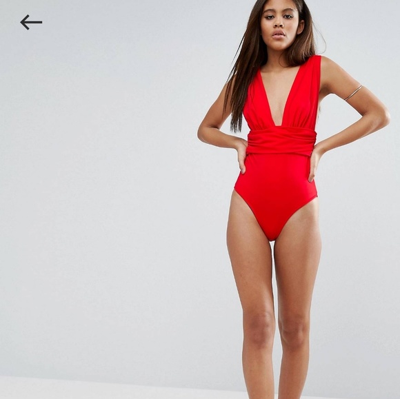 Asos Sexy red v neck one piece bathing suit Sz 2 - Picture 2 of 2